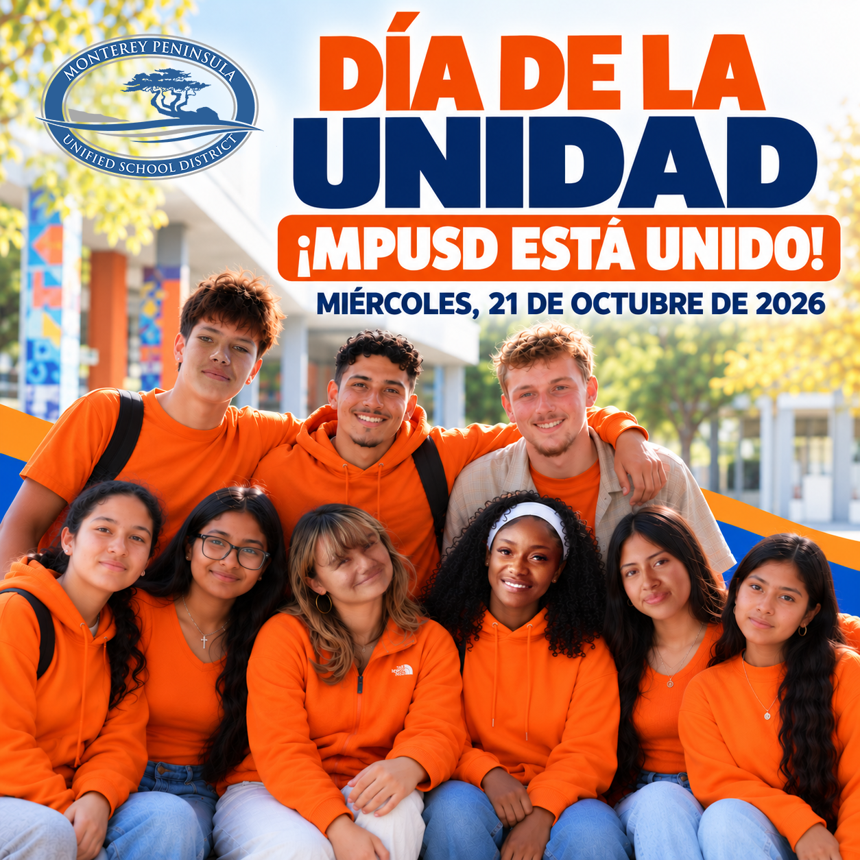 A group of diverse students wearing orange shirts smile together outdoors beneath bold text reading "DundefinedA DE LA UNIDAD undefinedMPUSD ESTundefined UNIDO! MIundefinedRCOLES, 21 DE OCTUBRE DE 2026".